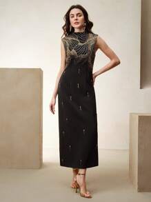 Anewsta Women's New Fashion Elegant Rhinestone Sleeveless Ball Gown Dress