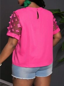 Slaydiva Plus Size Summer Elegant & Commute & Party Loose Solid Rose Red Short Sleeve Mesh Butterfly Appliques Blouse, Spring/Autumn - Hot Pink - View 2