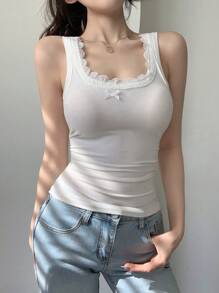 DAZY Casual Solid Color Lace Trim Bowknot Decor Tank Top
