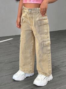 Denimly Young Girls Casual Daily Urban Street Elastic Waist Button Front Multi-Pocket Cargo Khaki Straight Leg Jeans