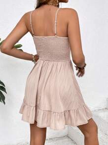 SHEIN Frenchy 女士休闲纯色神话荷叶边挤奶女工吊带短裙，度假风格，优雅连衣裙，女士夏季服装，女士连衣裙，优雅夏季娃娃裙 - 杏色 - 查看 2