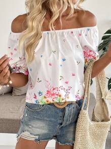 Breezaya Casual Flower Print Off Shoulder Blouse For Vacation - White - View 5