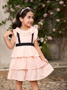 SHEIN Vestido de tul de estilo elegante y dulce con cuello de encaje y moño en color rosa claro, de múltiples capas, para niña, atuendo diario de primavera/verano, conjunto a juego de hermanos (2 piezas se venden por separado) - Rosa Pálido - Ver 4