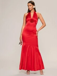 Glamine Women's Solid Color 3D Floral Decor Mermaid Maxi Sheath Dress With Halter Neckline - Red - View 4