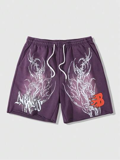 Goth Pantalones cortos casuales lavados con estampado gótico y cordón en la cintura para hombres, Halloween