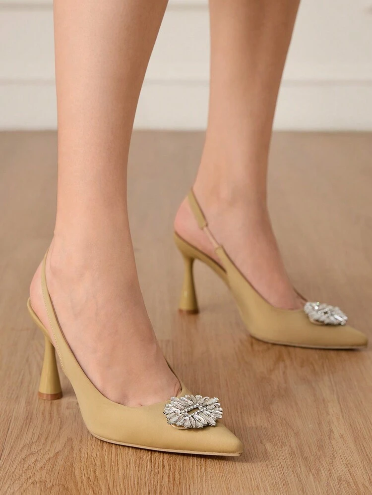 CUCCOO HITCHD Women's Apricot Rhinestone Metal Buckle High Heel Pumps, Sexy Elegant Casual Holiday Party Date Wedding Anniversary Shoes Spring Shoes Spring Break Easter Prom Heels