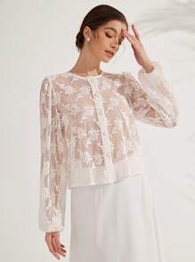 SHEIN Unity 白色花卉優雅夏季婚禮賓客法式鏤空刺繡網紗長袖鈕扣圓領上衣，女士約會之夜百搭款 - 白色 - 查看 3