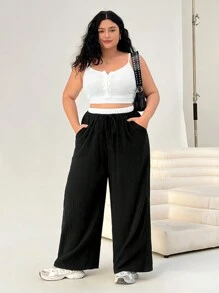 SHEIN EZwear Plus Size High Waist Black & White Contrast Palazzo Pants,Spring Summer Clothes - Black and White - View 3