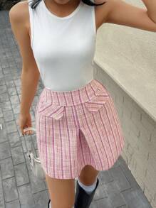 SHEIN Explorewe Teen Girls Casual Minimalist Round Neck Cropped Tank Top And High Waist A-Line Plaid Short Skirt Summer 2 Pieces Set - Pink - View 4