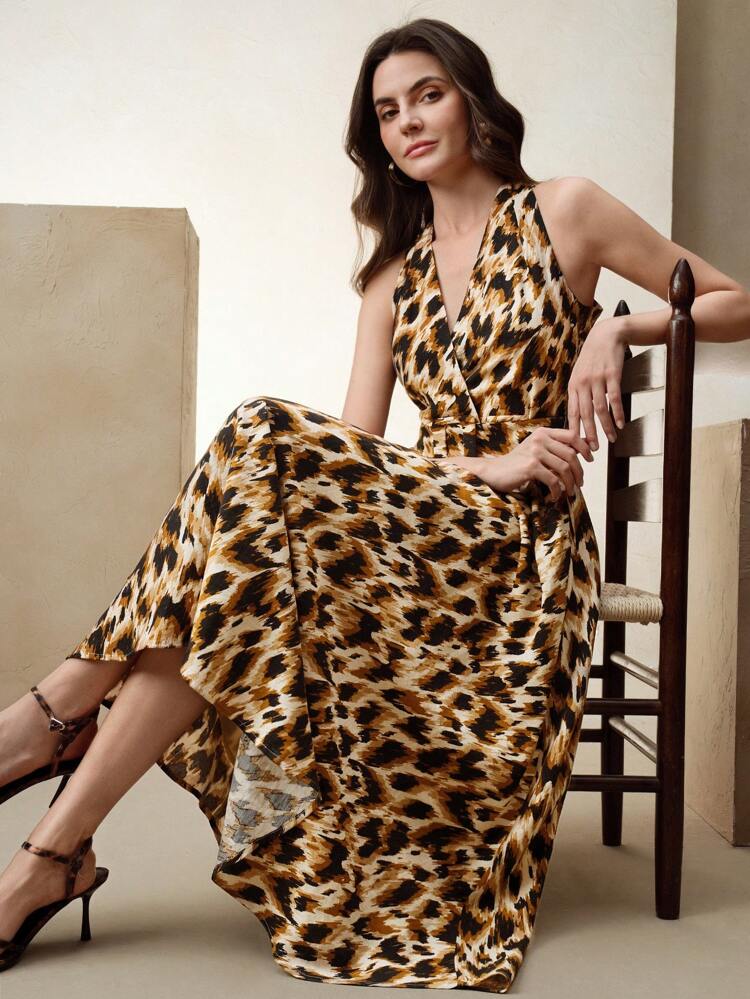 Women's Woven Leopard Print Criss-Cross V-Neck Belted Dress, Suitable For Summer, Festivals