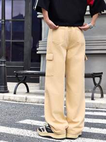 SHEIN 青少年男孩休闲时尚黑色舒适宽松简约基本款工装牛仔裤，适合夏季度假和日常穿着 - 卡其色 - 查看 2