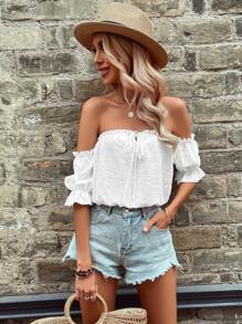 Breezaya Urlaubs-Lässig einfarbige strukturierte Carmen-Bluse