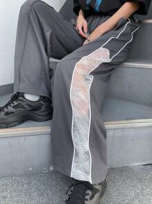 FRIFUL Quần thể thao chắp vá ren xám dành cho nữ, thiết kế thời trang cho mùa xuân và mùa hè - Xám - Xem 1