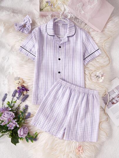 Tween Girls Purple Cute Elegant Plaid Shorts & Short Sleeve Set, Loose And Comfortable Casual Pajamas Young Girls Clothing Sets Short Sleeve Young Girls Pajamas Young Girls Clothing Easter Young Girl Easter Short Sets For Girls