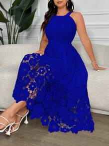 SHEIN Clasi 大码女式纯色花朵镂空优雅吊带裙