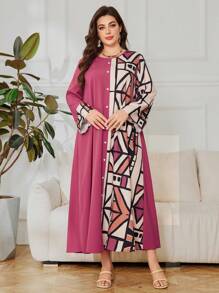 Lacomfia Robe imprimée géométrique à patchwork à manches longues pour grandes tailles