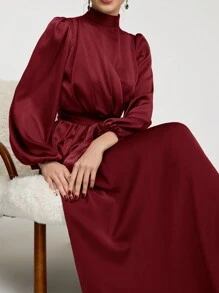 Veilorie 女士纯色立领灯笼袖优雅长款阿拉伯连衣裙长款晚礼服，端庄大方 - 酒紅色 - 查看 7