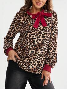 Wildy Women's Leopard Print Bowknot Casual Pullover Hoodie, Spring Collection Bow Top Leopard Print Graduation,Back To School Outfits,Graduation,Teacher Outfits For Women,Back To School