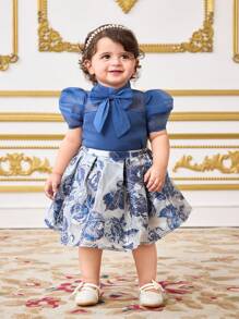 SHEIN 2pcs Baby Girl Cute Blue Floral Print Skirt & Short Sleeve Shirt Set, Summer - Blue - View 5
