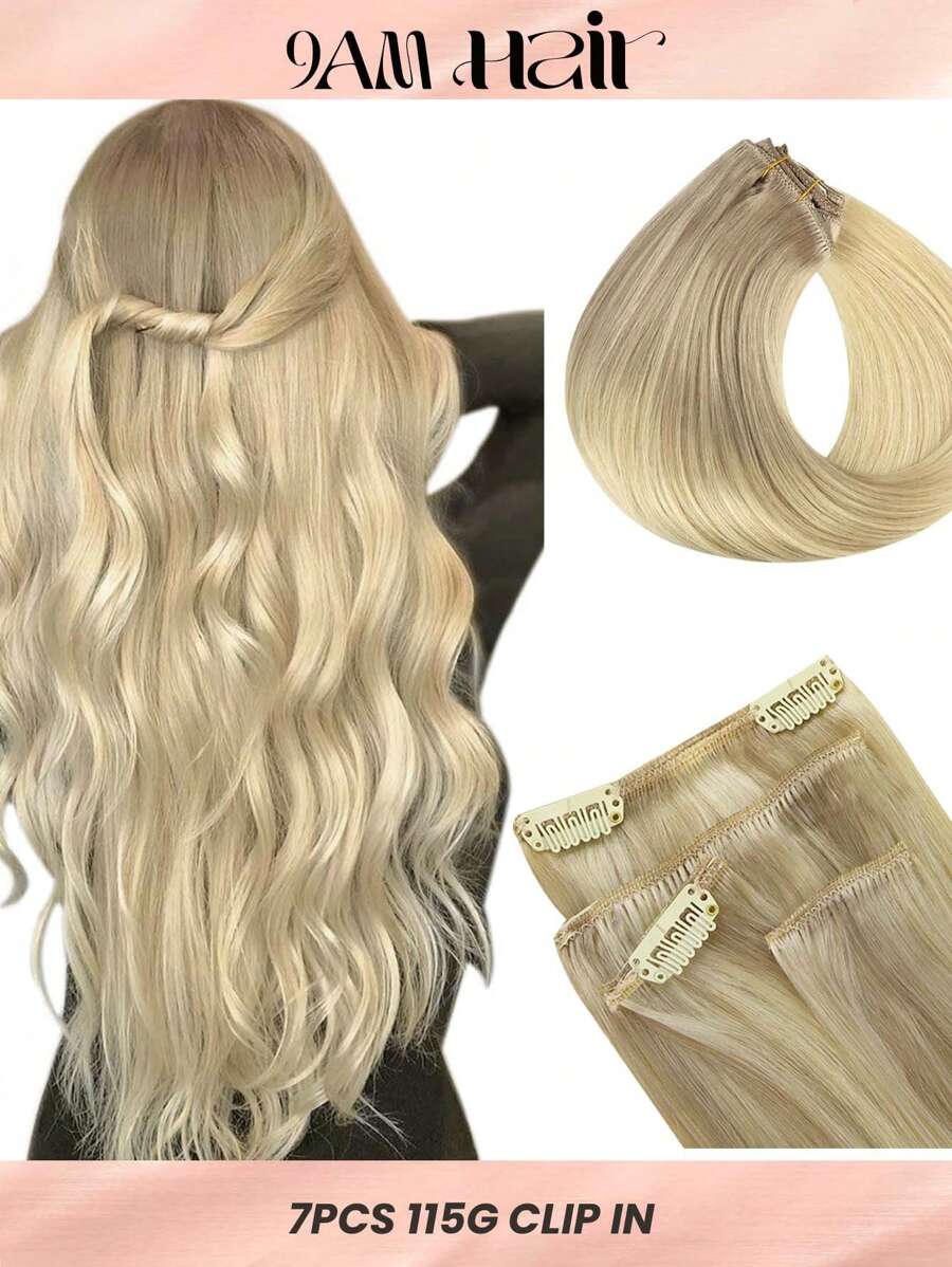 7 PIEZAS Extensiones de cabello con clip recto 100% cabello humano real de 14-24 pulgadas 115G Doble trama Extensiones de cabello con clip invisibles Cabello humano Remy natural para uso diario de mujeres y niñas - T17/22/60 - Ver 1