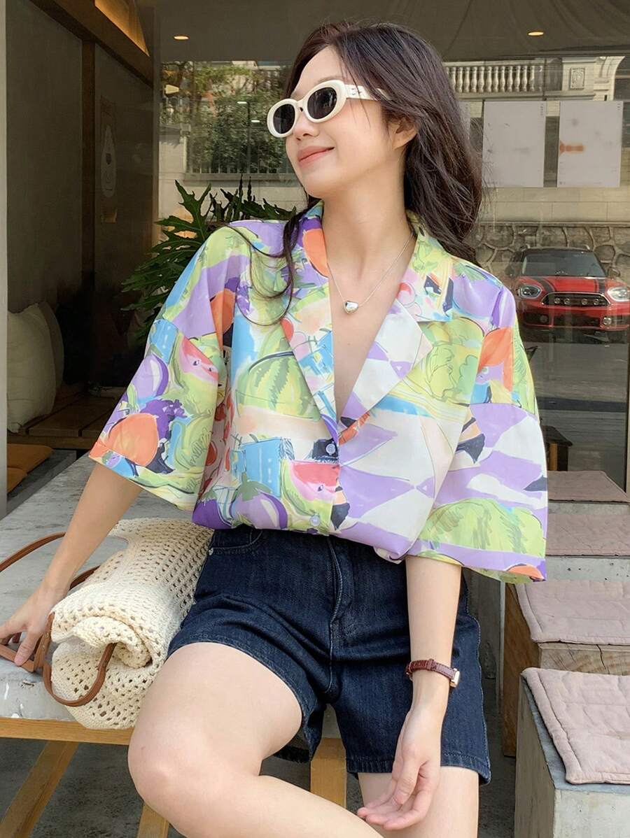 DAZY 女士全幅印花短袖休闲衬衫 夏季复活节 - 彩色 - 查看 1