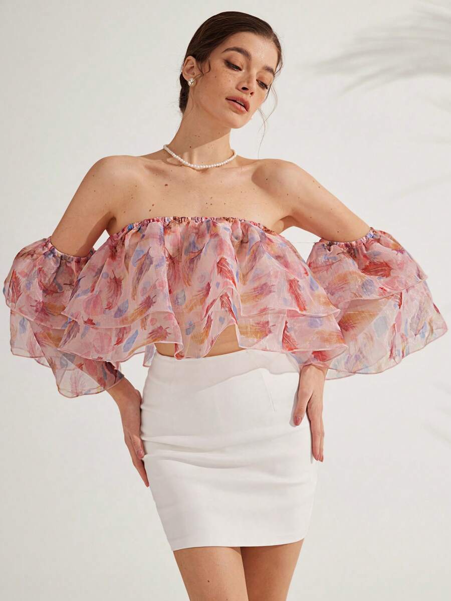 Aveloria Elegant Vacation Refined Versatile Fashion Layered Ruffle Off Shoulder Floral Print Chiffon Blouse For Women, Ideal For Valentine's Day Boho Beach Fashionable Style All Over Print For Summer Spring Fall Autumn