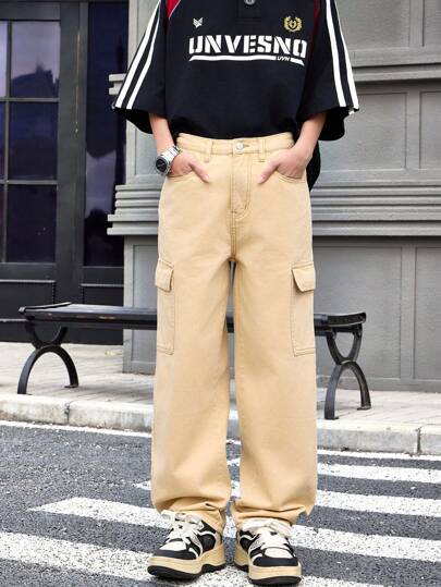 SHEIN Teen Boy Casual Fashionable Black Comfortable Loose Minimalist Basic Cargo Jeans For Summer Vacation And Dailywear