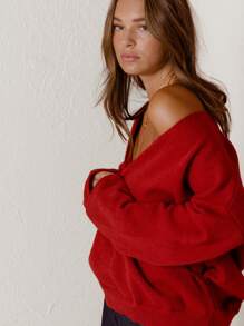 Aralina Oversized Cross-Front Cozy Knit Sweater - Red - View 5