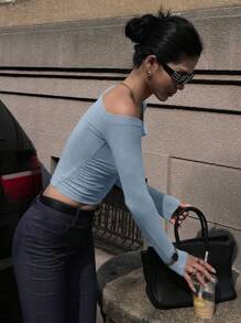 DAZY 女式纯色不对称领口长袖 T 恤，Y2K 外出上衣，秋季女装