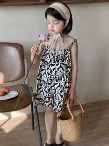 DAZY 年轻女孩全身印花吊带连体裤，休闲假日风格花卉 - 黑與白 - 查看 3