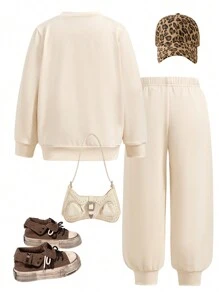 2 件套年轻女孩运动风格圆领长袖上衣 + 长裤，适合春夏季