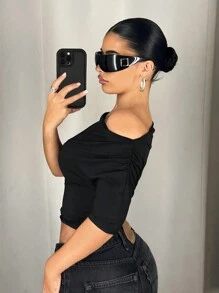 SHEIN ICON Y2K Style Tight-Fitting Asymmetric Neck Sexy Bat Wing Cropped T-Shirt - Black - View 5
