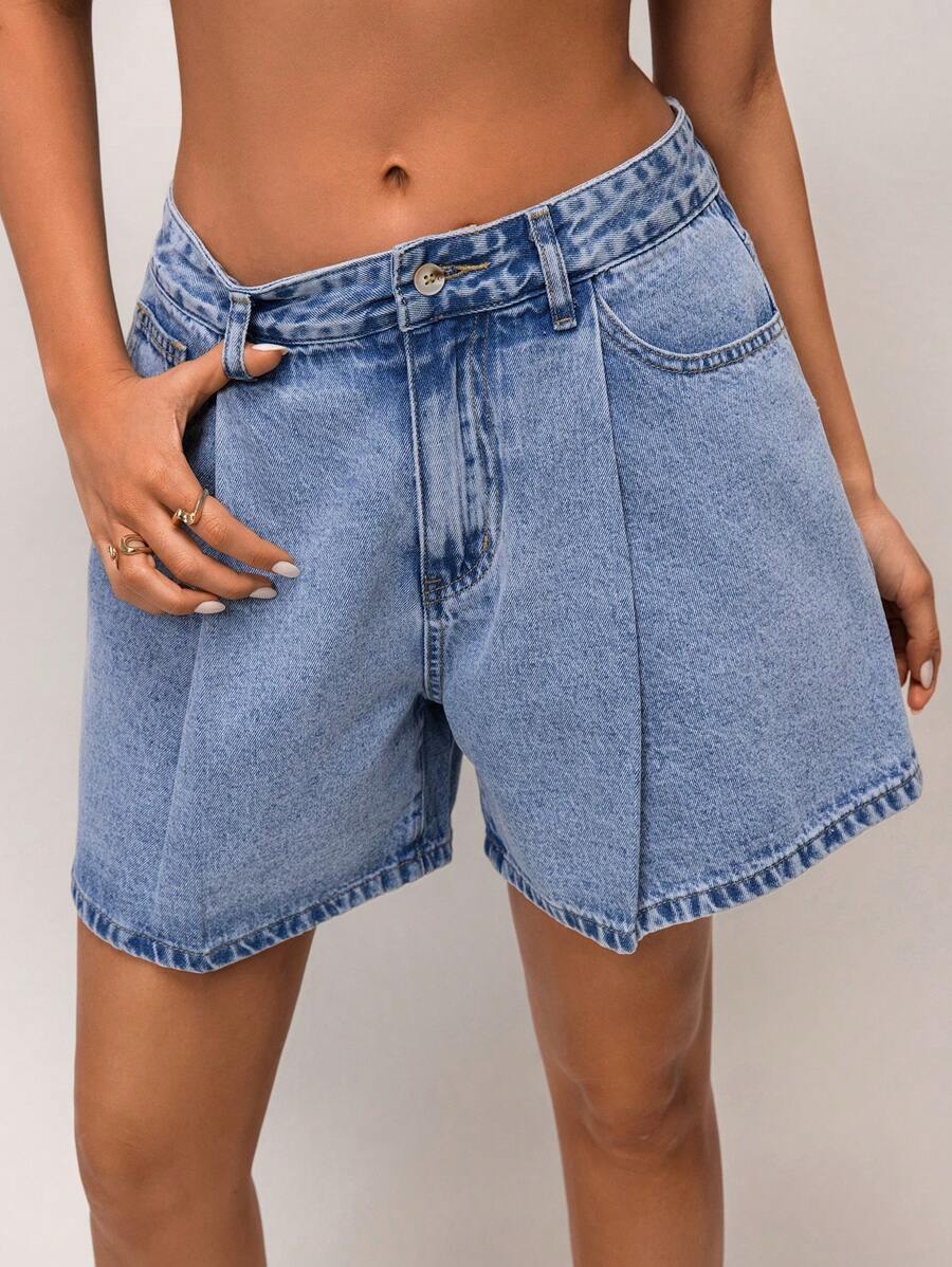 SHEIN Forever 21 Summer /Country Concert/Country Concert/Tea Party /Elegant /Concert /Casual Women/Summer /Mid-Waisted Blue Denim Shorts - Blue - View 1
