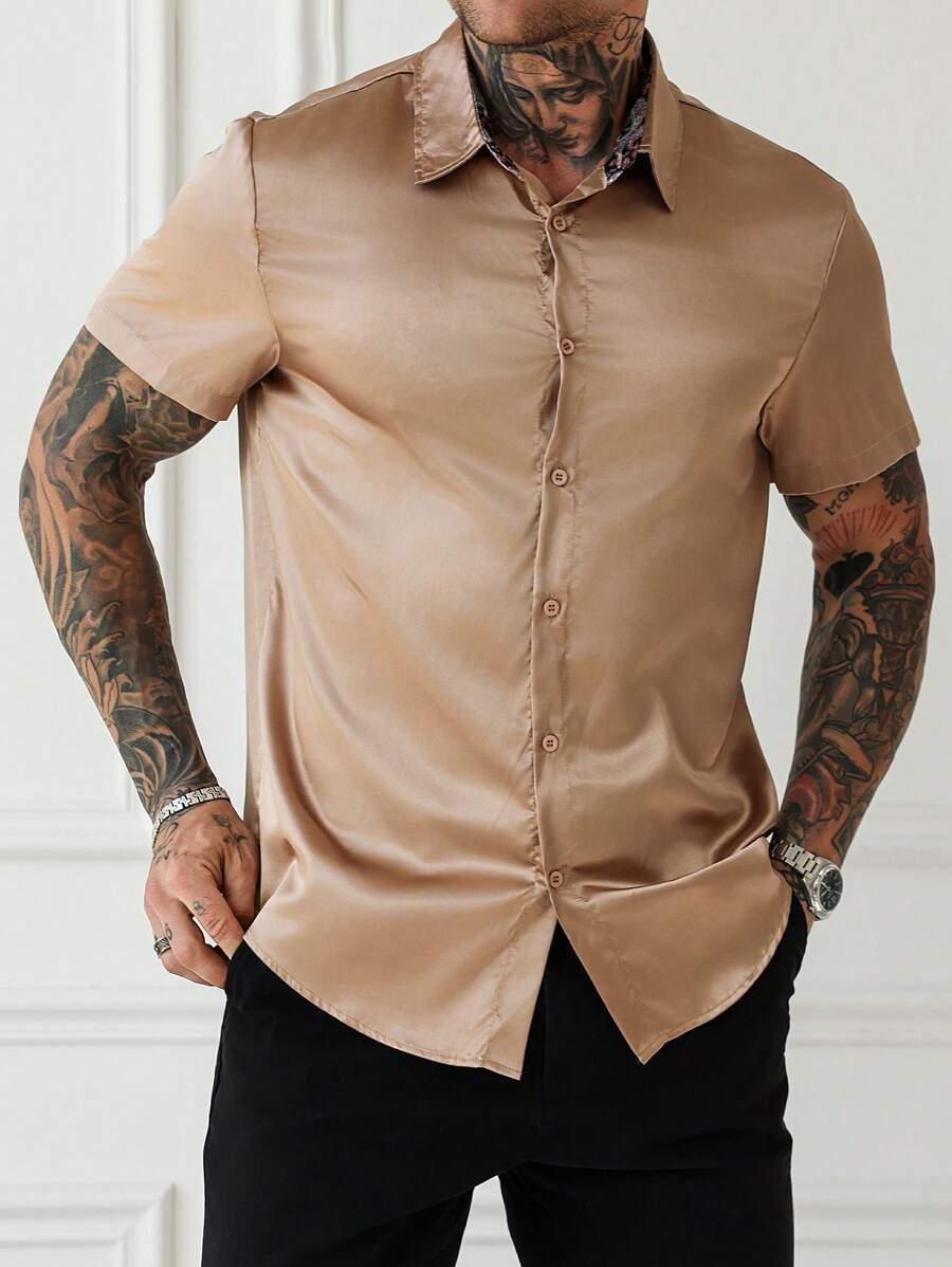 Manfinity Mode Camisa casual de manga corta de unicolor para hombre