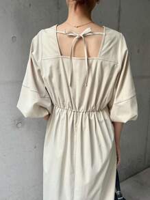 FRIFUL 女士杏色长灯笼袖连衣裙，通勤商务休闲办公室装，春季太阳裙 - 杏色 - 查看 6