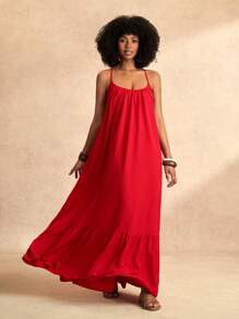 Slaydiva 2025 Lente/Zomer Nieuwe Lange Jurk voor Dames, Geschikt Voor Muziekfestivals, Pasen, Bruiloften, Boho Stijl, Westerse Stijl, Verjaardagen, Afstuderen, Studenten, Dagelijkse Casual Kleding, All-Match Veelzijdig, Vrijetijdsbesteding, Cruise Reizen, Strand, Zonnebaden, Gestructureerde Stof, Oversized, Spaghettibandjes, Sexy Rugloos, Vetersluiting op de Rug, Rode Kleur