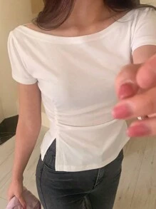 DAZY 女士斜肩紧身腰部紧身 T 恤，休闲时尚，适合日常穿着 - 白色 - 查看 3