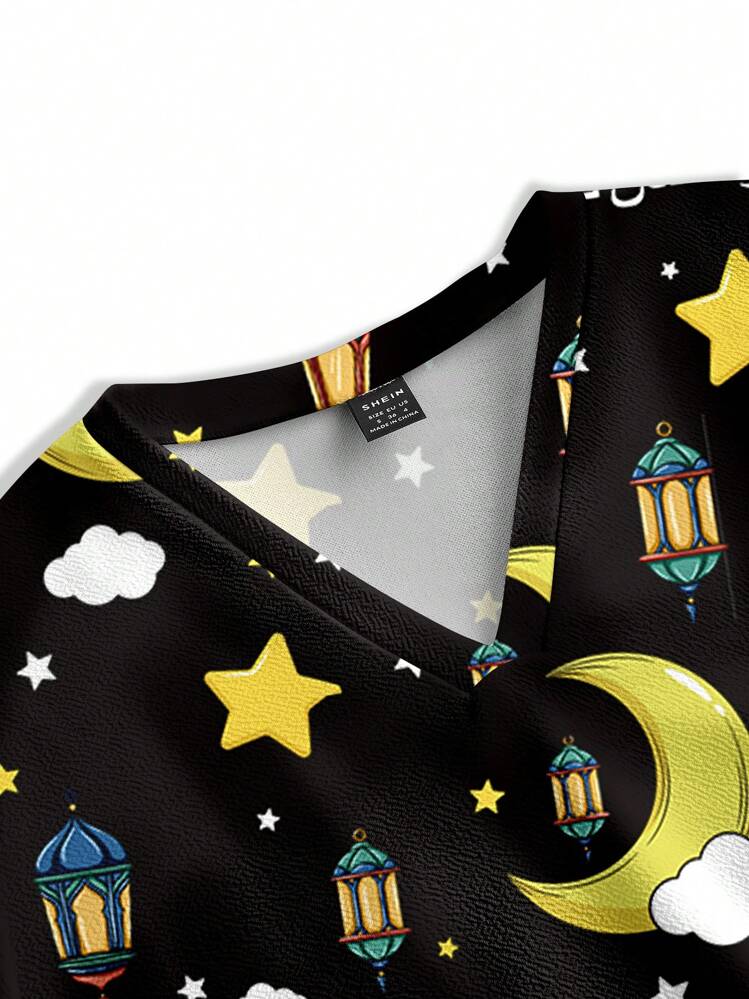 PopScrub Ramadan Star & Moon Pattern Women's Scrub Uniform Top - White - View 3