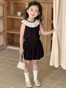 DAZY 2pcs/Set Young Girl Simple & Chic Casual Daily Sleeveless Top And Skirt Set,Girls Summer Outfits - Black - View 4