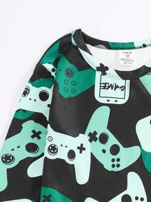 SHEIN Tween Boy Snug Fit Cartoon Game Controller Graphic Crew Neck Long Sleeve Tee & Long Pants Leisure Comfortable Pajama Set - Green - View 5