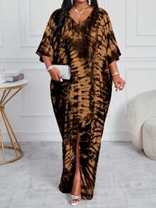 SHEIN Lady 春夏秋冬圣诞派对礼服休闲优雅红色编织圆领蝙蝠袖长袍短袖大码连衣裙热粉色连衣裙 - 卡其色 - 查看 3