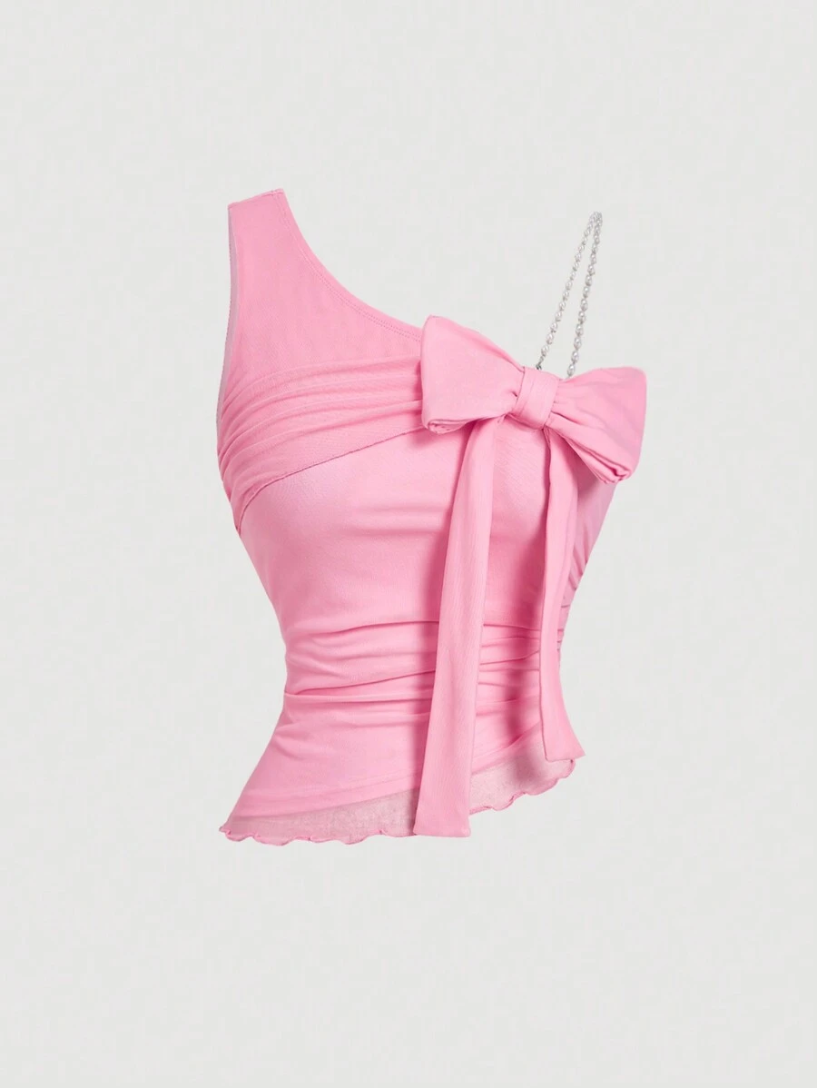 SHEIN MOD Top rosa con tirantes con lazo y cuentas, cintura fruncida, bajo asimétrico, estilo años 2000, para conciertos country, fiestas, estilo fairycore, tops lindos - Rosa - Ver 1
