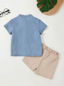 Souflis Souflis 2 Stücke Set Lässiges reines Jeans Hemd und Sport Shorts Outfit, geeignet für Outdoor-Aktivitäten - Blau - Übersicht 2