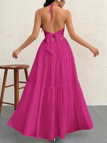 Firerie Vestido largo de mujer de gasa con cuello halter y espalda descubierta con lazo, para vacaciones, boda y eventos