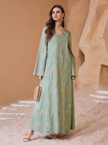 Al Najma V 领刺绣喇叭长袍连衣裙，休闲度假，长袍和 Jalabiya，端庄