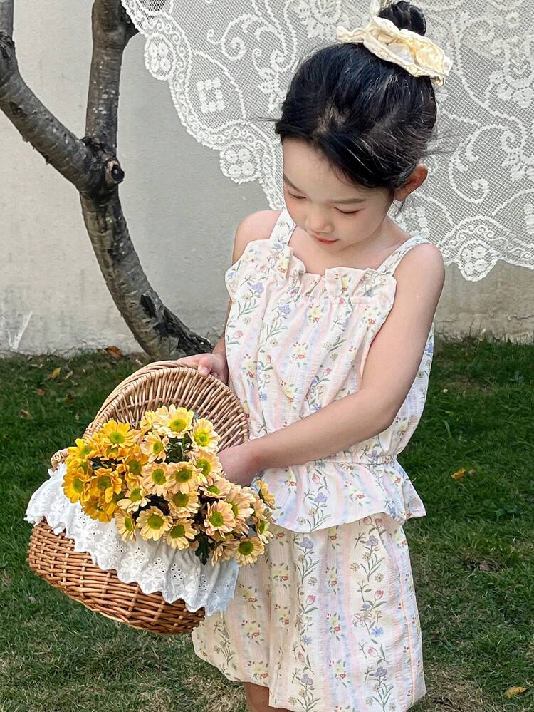 2pcs/Set Young Girl Casual Minimalist Camisole Top And Shorts Set Floral,Girls Summer Outfits Vacation