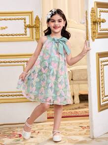 SHEIN Leap Crew Young Girl Solid Color Splice Mesh Floral 3D Round Neck Sleeveless Dress - Multicolor - View 4