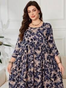 Lacomfia Plus Size Floral Print 3/4 Sleeve Loose Arabic Style Dress