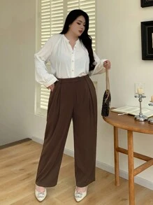 Dazy Plus Quần dài rộng rãi màu trơn cỡ lớn cho nữ, quần công sở thoải mái cho mọi mùa, quần váy nữ thu - màu nâu - Xem 8