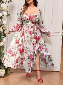 Lyrianda 大码方领荷叶边花卉印花复古优雅开衩下摆雪纺连衣裙